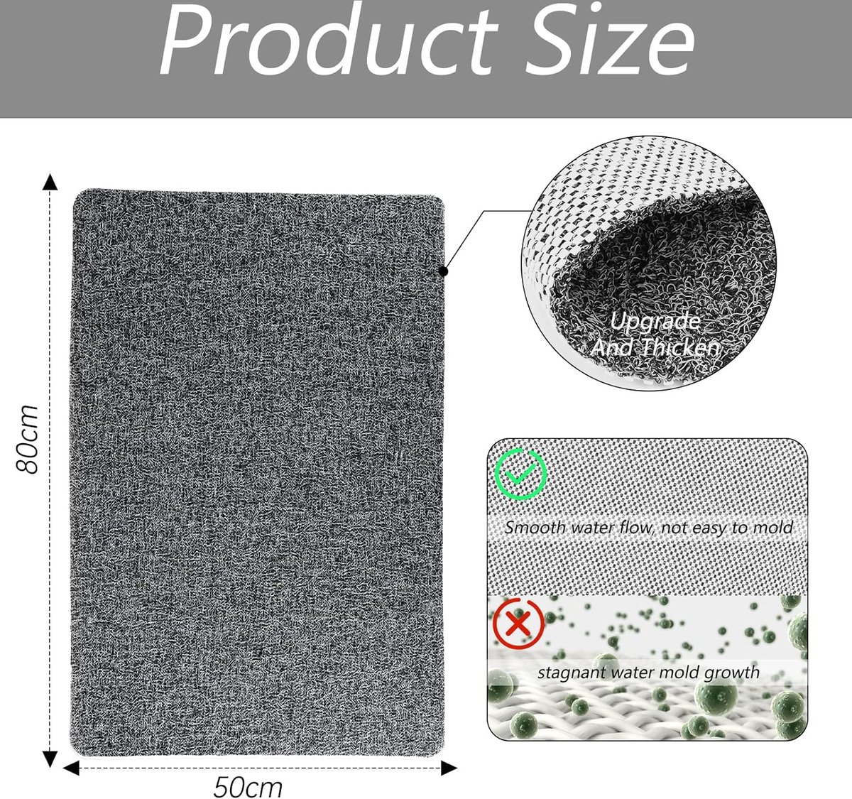 Douchemat PVC antislip luffa vierkante badmat machinewasbaar voor douchecabine badkuip 50x80cm zwart + grijs