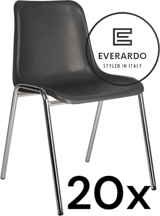King of Chairs -set van 20- model KoC Everardo antraciet met verchroomd onderstel. Kantinestoel stapelstoel kuipstoel vergaderstoel tuinstoel kantine stoel stapel kantinestoelen stapelstoelen kuipstoelen stapelbare keukenstoel Helene eetkamerstoel