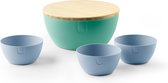 UBITE zomerset – bio-based saladeschaal aquamarine green (XL - Ø 27) inclusief deksel/snijplank + set van 3 bio-based bowls sky blue (S - Ø 13) - saladeschaal/saladekom/kom/schaal/bakje/duurzaam