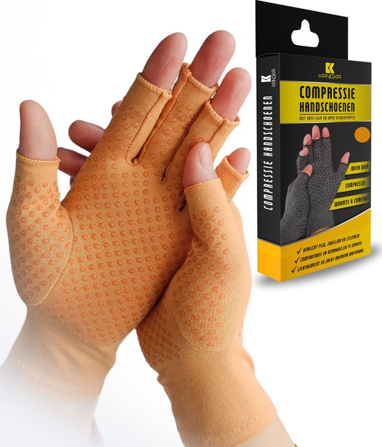 KANGKA Reuma Therapeutische Handschoenen - Compressie Handschoenen Maat M - voor Artrose, Reuma, Artritis, RSI, CTS - Unisex - Licht Bruin