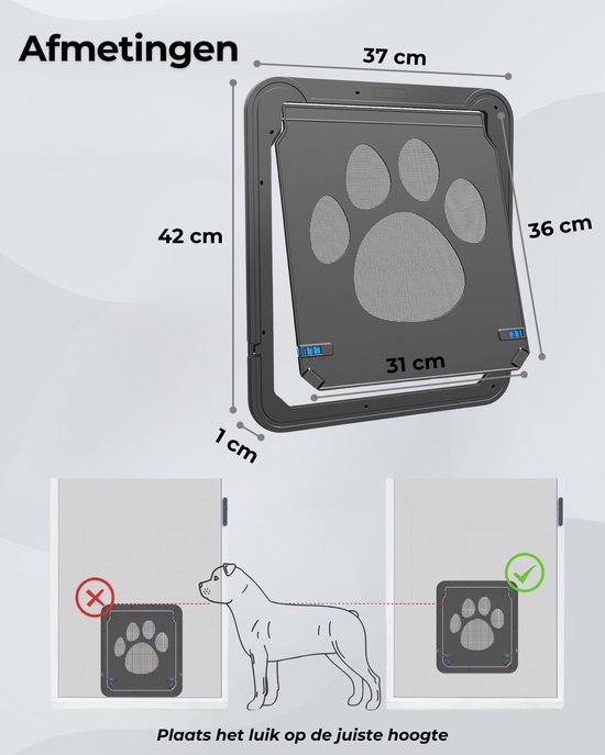 NOVOB® Hondenluik Hordeur - 42x37cm - Geschikt voor Middelgrote en Grote Honden (15kg+) - Vliegenraam - Zwart