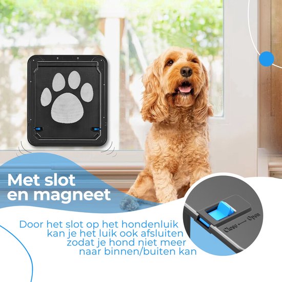 Zwart hondenluik met pootafdruk en blauwe sluitknop, met een bruine hond voor een glazen deur.