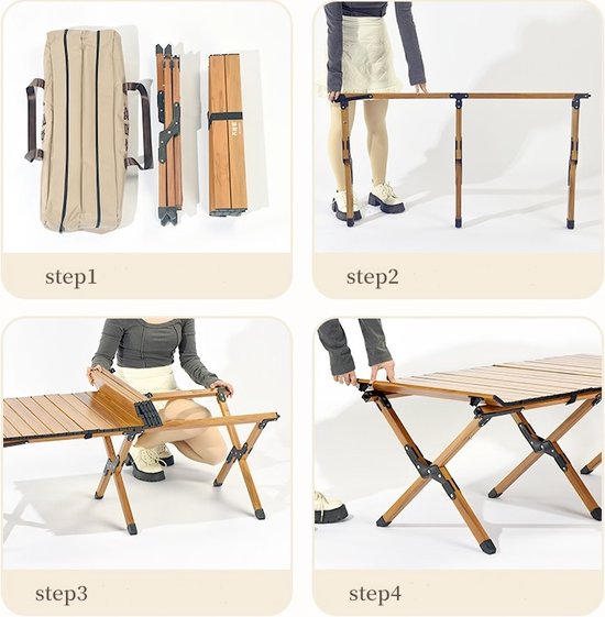 Campingtafel, middelhoog, volledig van aluminium met houtprint, oprolbaar blad, lichtgewicht en compact, 4-persoons, model 2024 van Bo-Camp — afbeelding 5