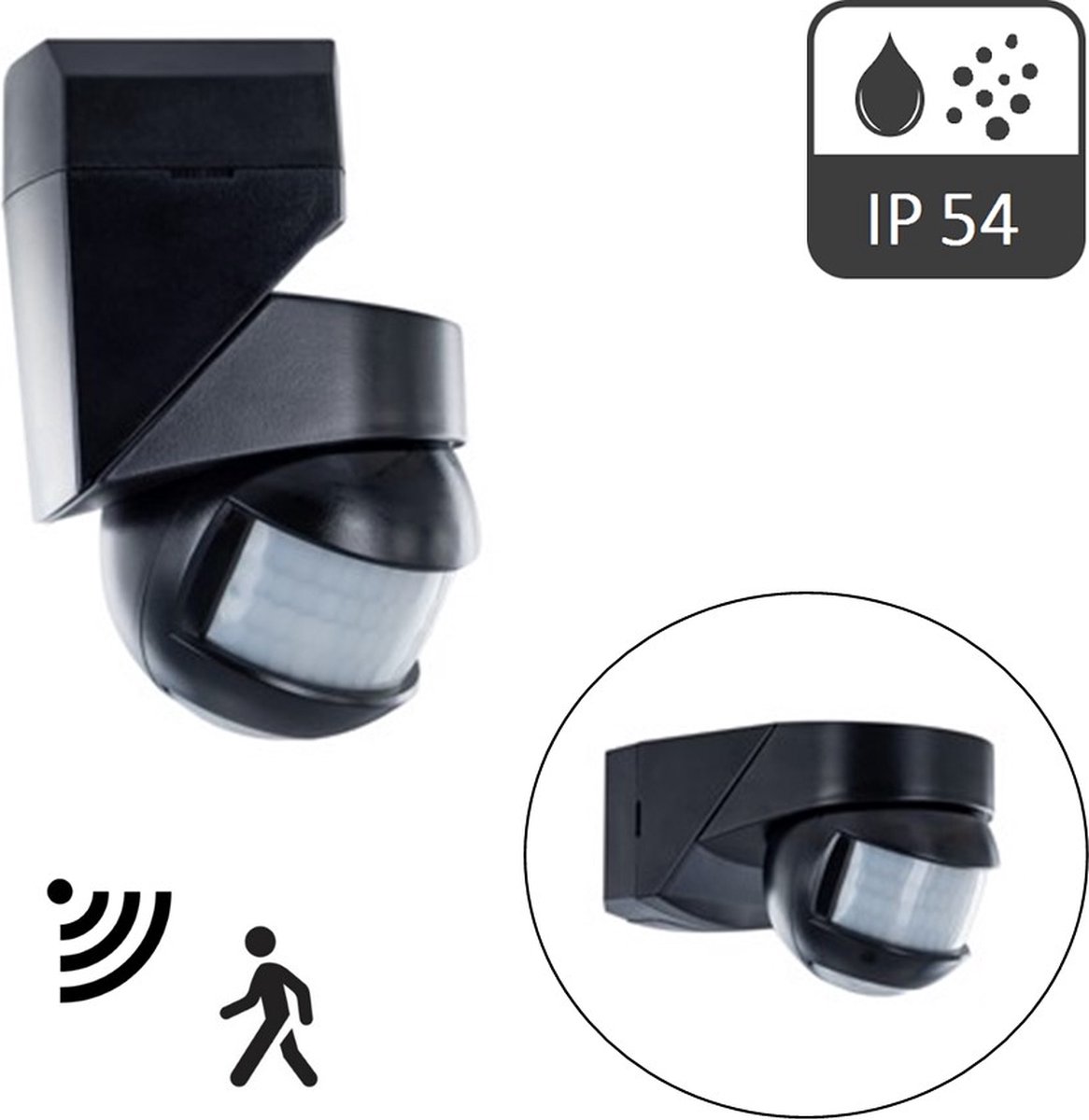4-IN-1 Opbouw Bewegingsmelder Zwart, 180 en 360 graden, Detectierange: 12 Meter, Max. 2000w, IP54