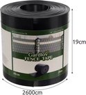 Rol donkergrijs vlechtbandhekwerk, 19 cm x 26 m, met 'Gardlov FENCE TAPE' label.
