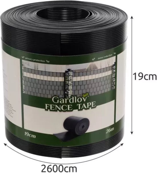 Rol donkergrijs vlechtbandhekwerk, 19 cm x 26 m, met 'Gardlov FENCE TAPE' label.