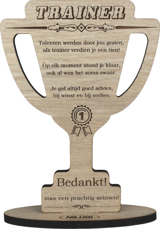 Beker trainer - houten wenskaart - kaart van hout - bedankt coach of begeleider - 12.5 x 17.5 cm