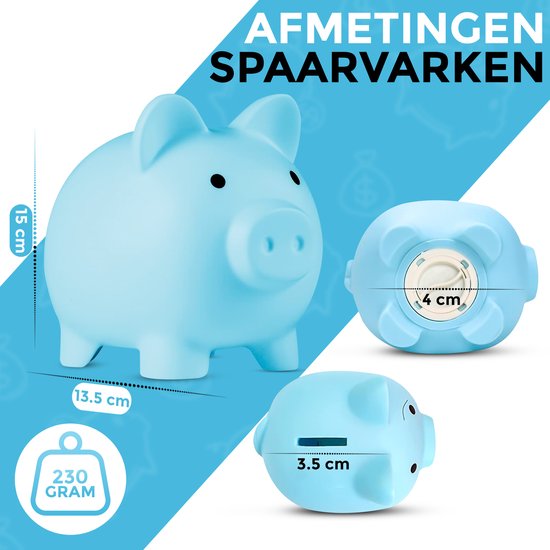 Blauwe spaarvarken met afmetingen: 15 cm hoog, 13.5 cm breed, 3.5 cm gleuf, 4 cm opening onderaan. Gewicht: 230 gram.