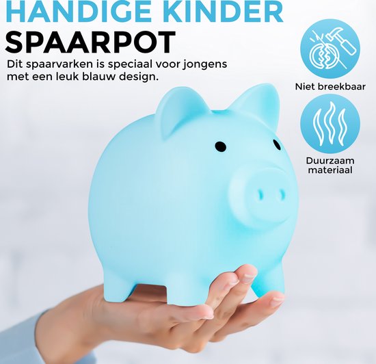 Lichtblauwe spaarvarken op een hand, 'HANDIGE KINDER SPAARPOT'.