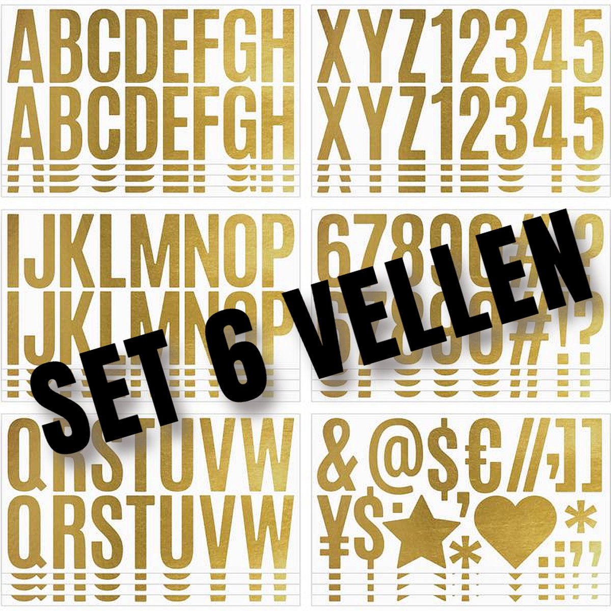 Allernieuwste.nl® 6 vellen Letter Cijfer Stickers Plakletters Goud Brons - 6.35 cm Hoog - Letters Cijfers Symbolen - Voor Binnen en Buiten - SET van 6 Vellen %%