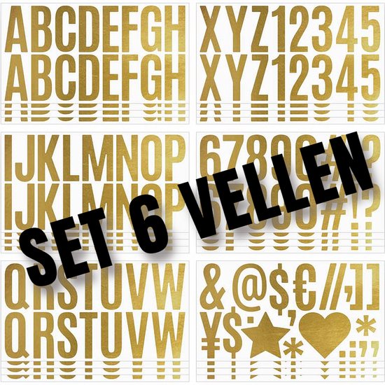 Allernieuwste.nl® 6 vellen Letter Stickers Plakletters Goud Brons - 6.35 cm Hoog - Letters Cijfers Symbolen - Voor Binnen en Buiten - SET van 6 Vellen %%
