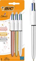BIC 4 Kleuren Shine Balpennen - Verpakking van 3 Stuks - Rosegoudkleurige, Zilverkleurige en Goudkleurige pennen - Medium Punt 1 mm