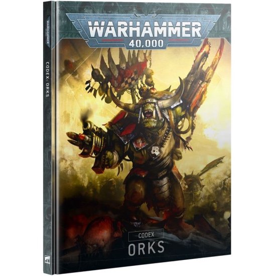 Warhammer 40,000 Codex Orks: een groen gekleurde Ork met harnas en een wapen.