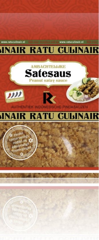 Ratu Culinair pindasaus verpakking met Nederlandse tekst en een afbeelding van saté.