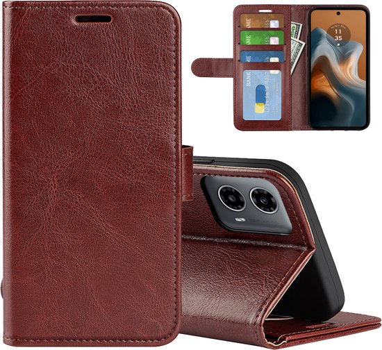 Coque Motorola Moto G34 - MobyDefend Wallet Book Case (fermeture arrière) - Marron - Étui de téléphone portable - Étui de téléphone adapté pour Motorola Moto G34