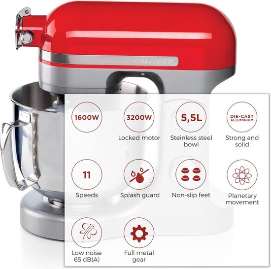 Ariete 1589/00 Moderna Keukenmixer - 1600 Watt - RVS 11 snelheden - 5.5 liter - incl 3 accessoires - Rood van Ariete — afbeelding 4