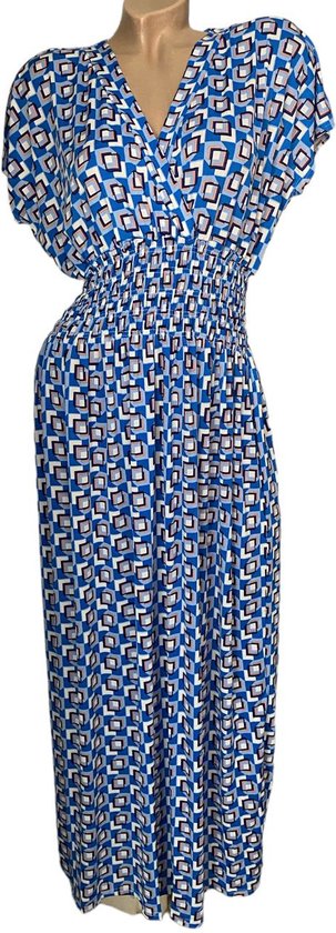 Dames maxi jurk met blokprint L/XL Blauw/wit