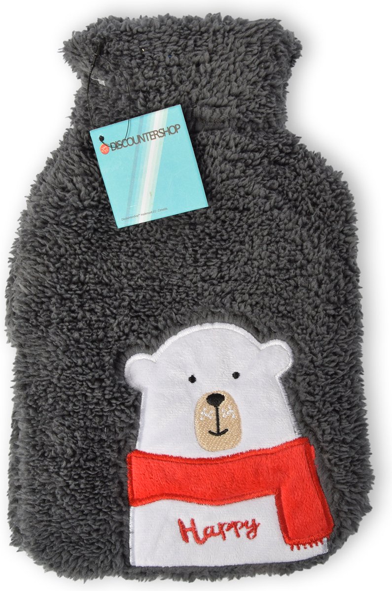 Goedkoopste 850ml Kruik met Liefdevolle Pinguïn Knuffelhoes - Warmwaterkruik voor Baby's - Donkergrijs met Meyco Baby Uni Kruikenzak