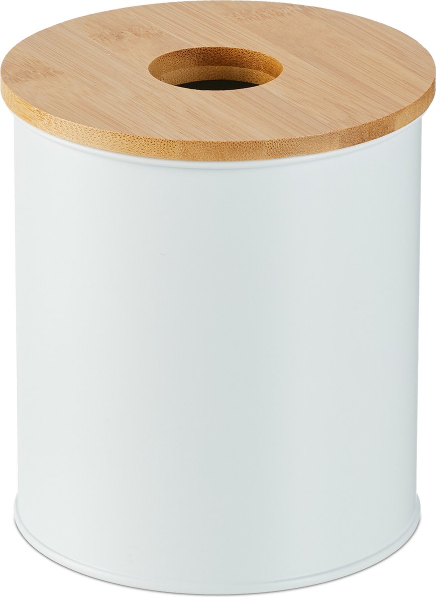 Relaxdays badkamer prullenbak - 2 L - klein afvalbakje toilet - bamboe deksel - kaptafel - wit