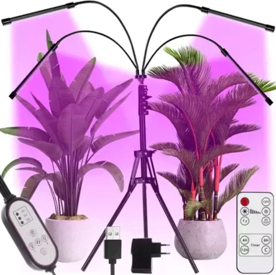 Lampe de croissance Gardlov avec 4 bras flexibles, un contrôleur, une télécommande et des adaptateurs.