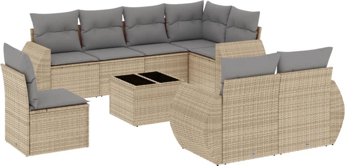 vidaXL 9-delige - Loungeset - met - kussens - poly - rattan - beige