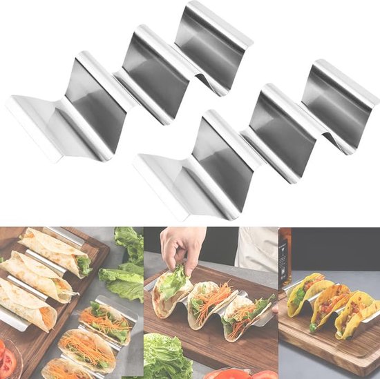 Porte-Tacos En Acier Inoxydable VBNZBK - Lot De 2 - Type W Pour 3 Tacos - Poignées - Pour Fête, Restaurant