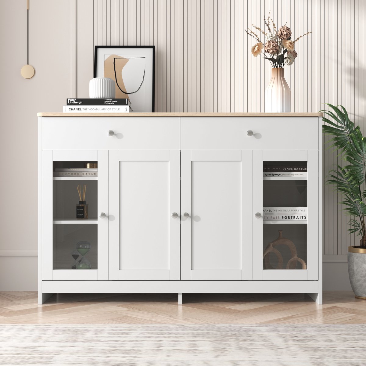Sweiko Sideboard met witte houtnerf, vier deuren, met twee lades, deur met glas. Woonkamer, eetkamer. Houtkleur en wit