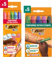 BIC Kids - Set de tatouages ​​temporaires pour enfants - Testé dermatologiquement - Set de 5 Marqueurs + 10 pochoirs + 5 Tampons