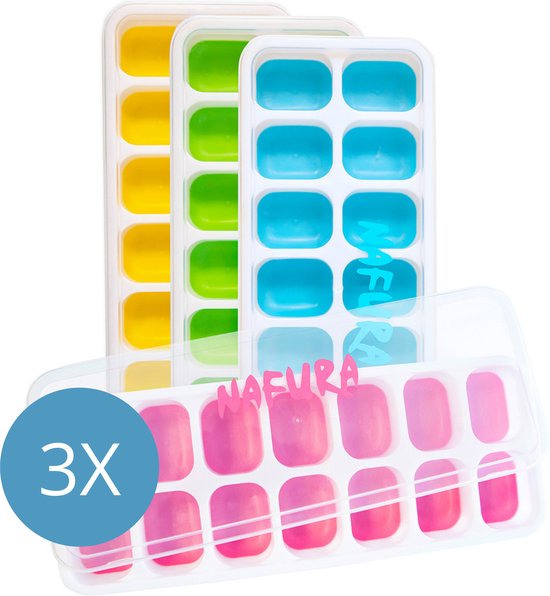 Nafura® IJsblokjesvorm Met Deksel - 3 Sets van 4 Stuks - 168 ijsblokjes - Silicone Drukkers - BPA vrij