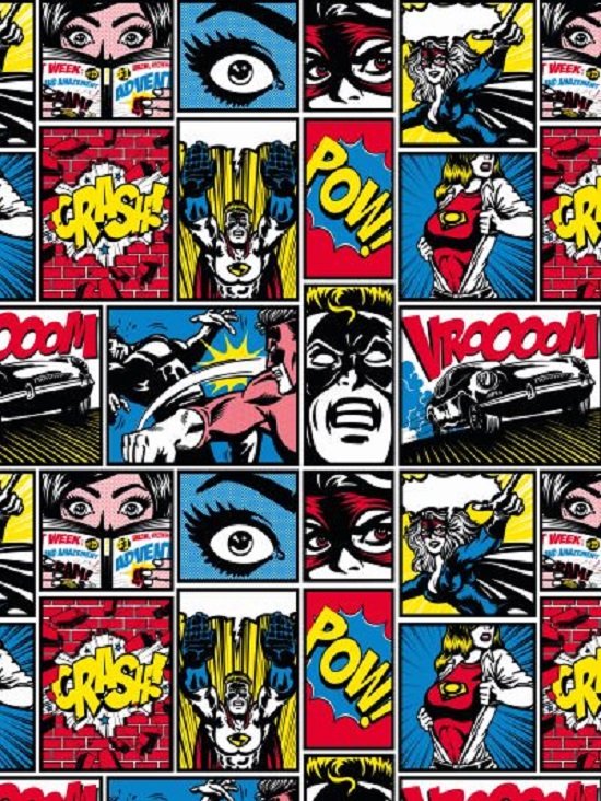 Papier Decopatch avec des super-héros style pop art, comportant des onomatopées telles que POW! et VROOOOM!
