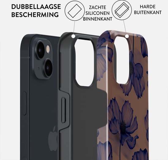 iPhone hoesje met dubbele bescherming: zachte siliconen binnenkant, harde buitenkant met bloemenprint.