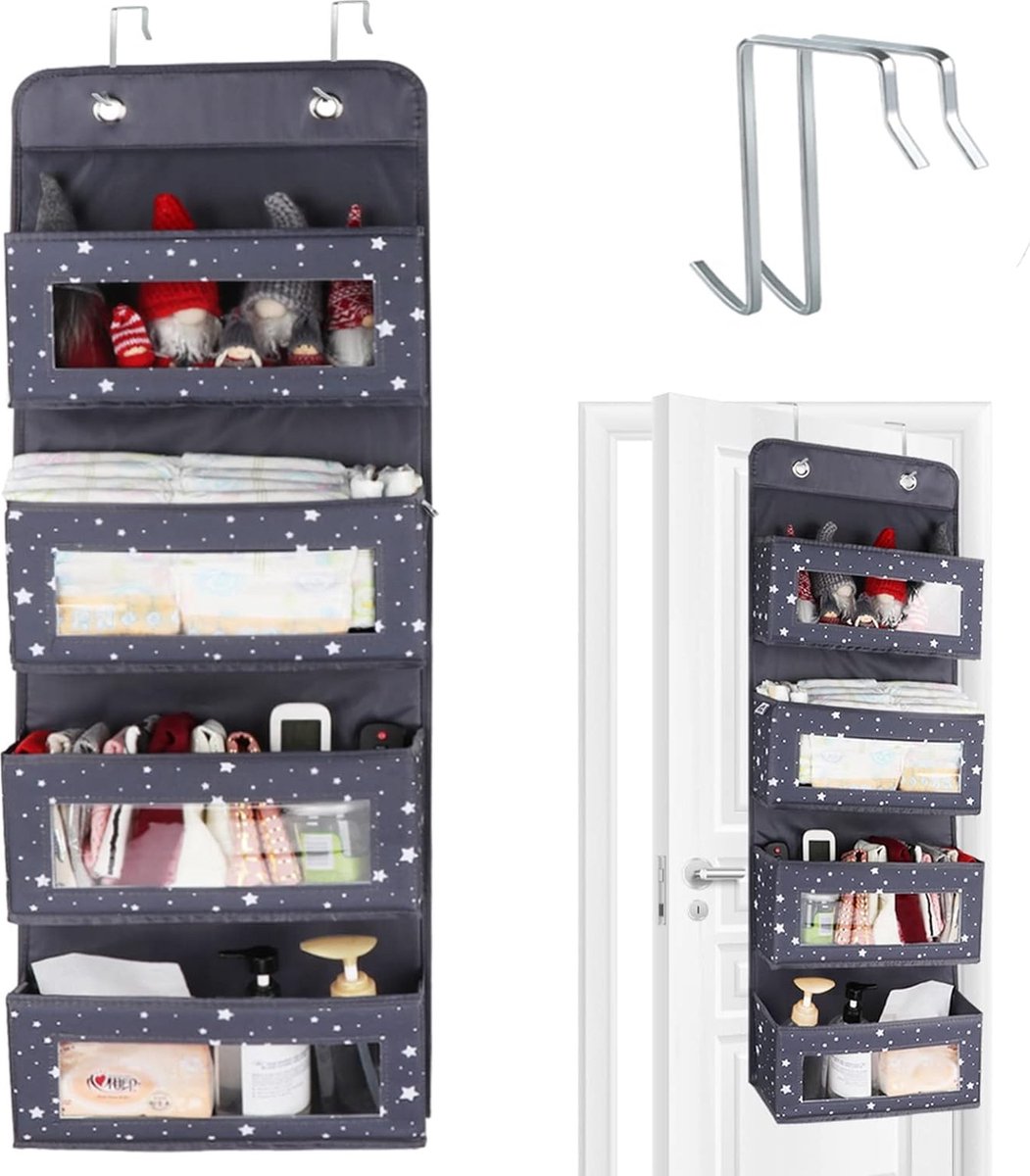 Hangorganizer, 4 grote zakken met venster, multifunctionele hangorganizer, hangende opbergruimte, opvouwbare hangplank met 2 haken in kinderkamer, kast, bovendeur of wandmontage (grijs)