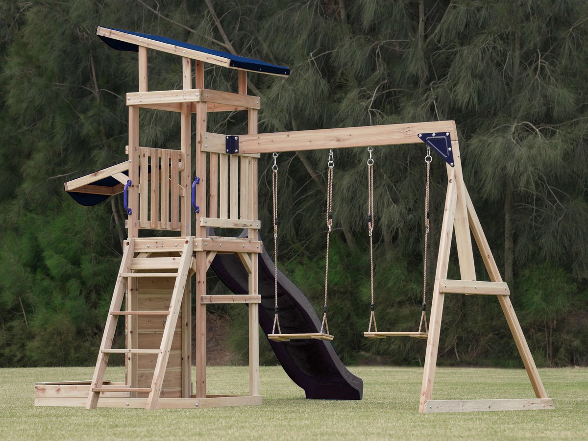 AXI Malik Speeltoestel met Dubbele Schommel Bruin – Grijze Glijbaan – Zandbak en Speelwand - FSC hout - Speelhuis op palen voor de tuin — afbeelding 22