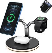 DrPhone LegendXI - 3 in 1 - 25W Magnetisch Draadloos Laadstation met Led licht – Opladen met iOS Magnetische Ring - Geschikt voor iPhone 15/14/13 / iOS TWS Oordop Pro/2/1 & iOS Smartwatch 38/40/42/44mm - Zwart