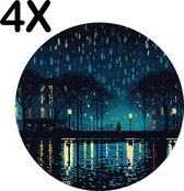BWK Luxe Ronde Placemat - Regenachtige Nacht - Skyline - Illustratie - Set van 4 Placemats - 40x40 cm - 2 mm dik Vinyl - Anti Slip - Afneembaar