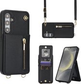 Geschikt Voor Samsung Galaxy S24 Plus Hoesje Met Koord - Solidenz S24 Plus Wallet Case Cover - Backcover Met Koordje - Cord Case - Lanyard - Hoesje S24 Plus - S24+ - Zwart