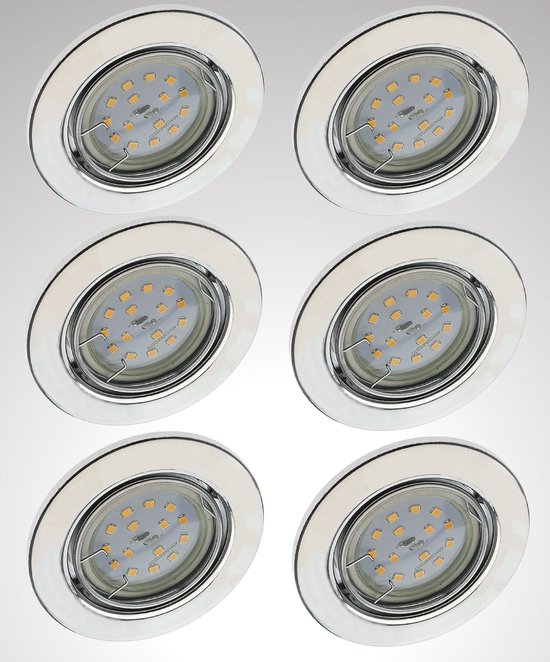 Trango Set van 6 IP23 LED inbouwspots 6729-068-5WAK chroom incl. 6x 5 Watt GU10 LED lamp 3000K warm wit & GU10 fitting, badkamerlamp, plafondlamp, plafondspot