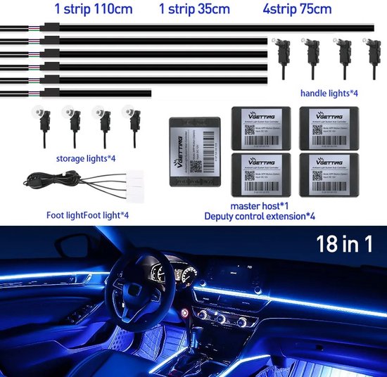 Auto - 1x110cm, 1x35cm, 4x 75cm - Led Strip - Sfeerverlichting Auto - Auto Led Verlichting - Auto Interieur Verlichting - Mobiele App Verbinding - Optie: Muziek Ritme - 12V
