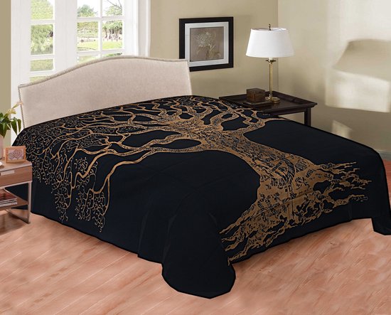 Couvre-lit arbre de vie - noir/or - 230x210 - mandala - drap d'été frais - couvre-lit fin