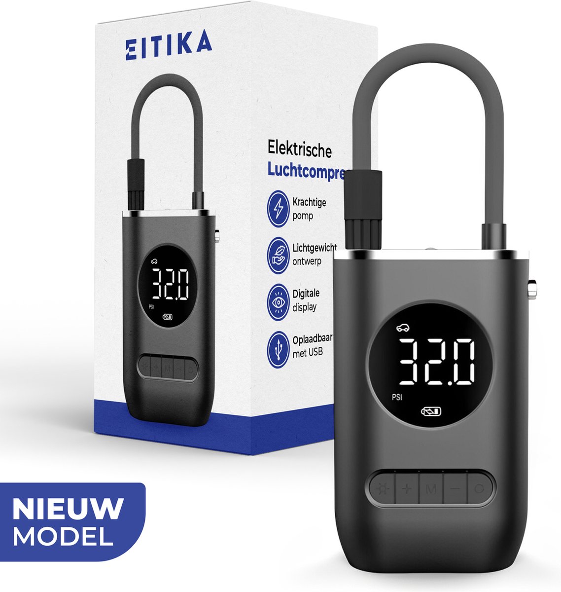 EITIKA Elektrische fietspomp - Scooter Motor Auto - Draagbare luchtcompressor bandenpomp - Tot wel 10.3 bar - USB oplaadbaar