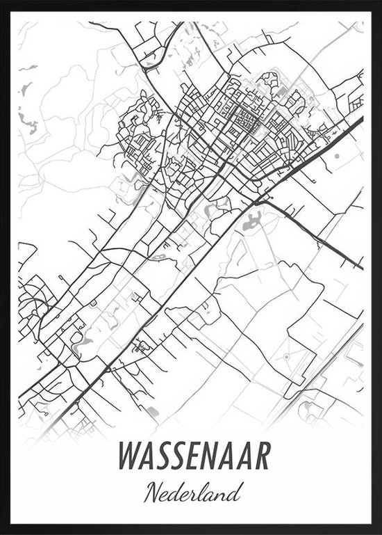 Poster Plattegrond Wassenaar in zwart/wit . Ook leuk als cadeau. 30x40cm met zwarte lijst