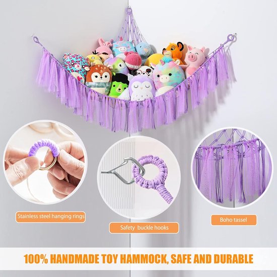 Foto: Speelgoed hangmat voor knuffels teddy hangmat macram boho teddybeer opslag hangmat pluche speelgoed opbergnet zacht speelgoed netto hangmat voor teddies hoek opknoping speelgoed opberghouder voor kinderkamer paars 