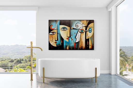 JJ-Art (Toile) 150x100 | Visages femmes, abstrait, Picasso, Joan Miro, cubisme, art | marron, bleu, rouge, noir, moderne | Impression sur toile Photo-Painting (décoration murale)