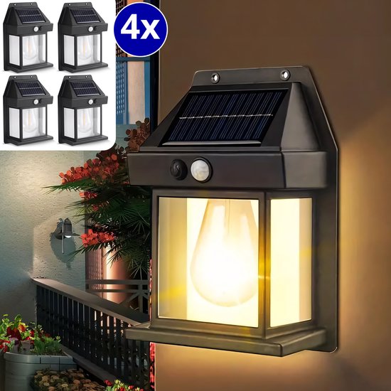 RS Goods Tuinverlichting Op Zonne Energie - 4 Stuks Voordeelverpakking - Solar Tuinverlichting - Buitenlamp - Tuinlantaarn - Met Bewegingssensor - 3 Lichtstanden - Draadloos - 18x13x8cm - Zwart
