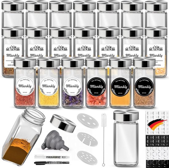 Kruidenpotjes, glazen potjes, vierkant, kruidenpotjes met trechter, borstel, etiketten, krijtstift, 120 ml, 4 oz, set van 8 kruidenpotjes