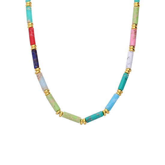 Lucardi - Dames Stalen goldplated ketting met kralen multi - Ketting - Staal - Goudkleurig - 49 cm