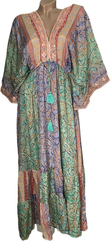 Robe Boho Maxi pour femmes, robe caftan (poly) soie 523 Onesize SL vert/bleu/rose