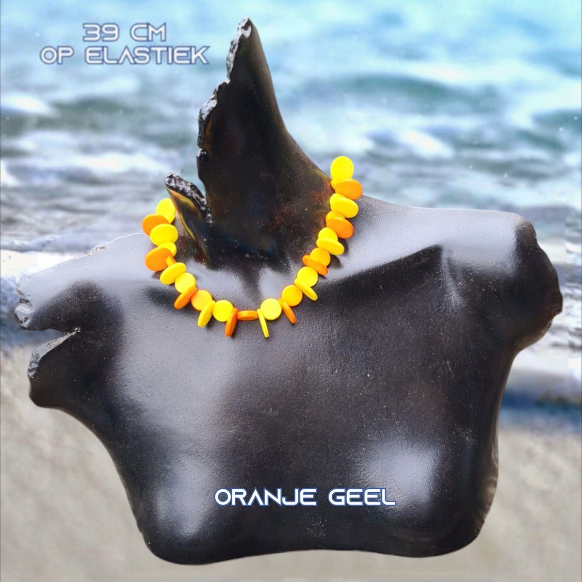 Fashion Jewelry - Going Retro® - Vrolijke ketting met kunststof variatie beads op elastiek - 39 cm rekbaar - 1 stuks - Oranje Geel - Casual - Strand - Thema Feest - Festival - Kinderen Tieners Volwassenen - Unisex