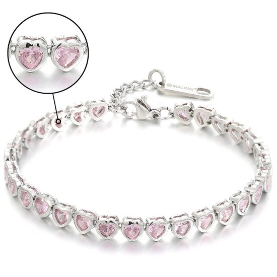 Malinsi Armband Dames Lovely Zilver Platinum Plating - Roze Hart Zirkonia Stenen 17-20,5cm Verstelbaar - Armbanden Vrouwen