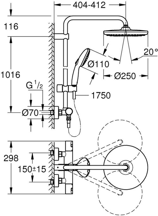 Technische tekening met afmetingen van het Grohe Vitalio Start douchesysteem.